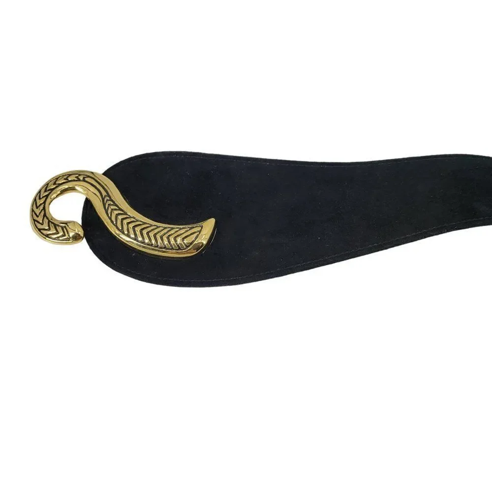 Vintage 80's Wide V Belt Black‎ Suede Ornate Gold Etched Hook Buckle Art to Wear
